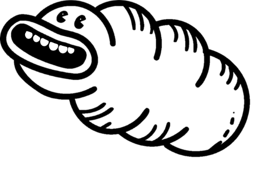 Black and white illustration of a larvae with a smiling face