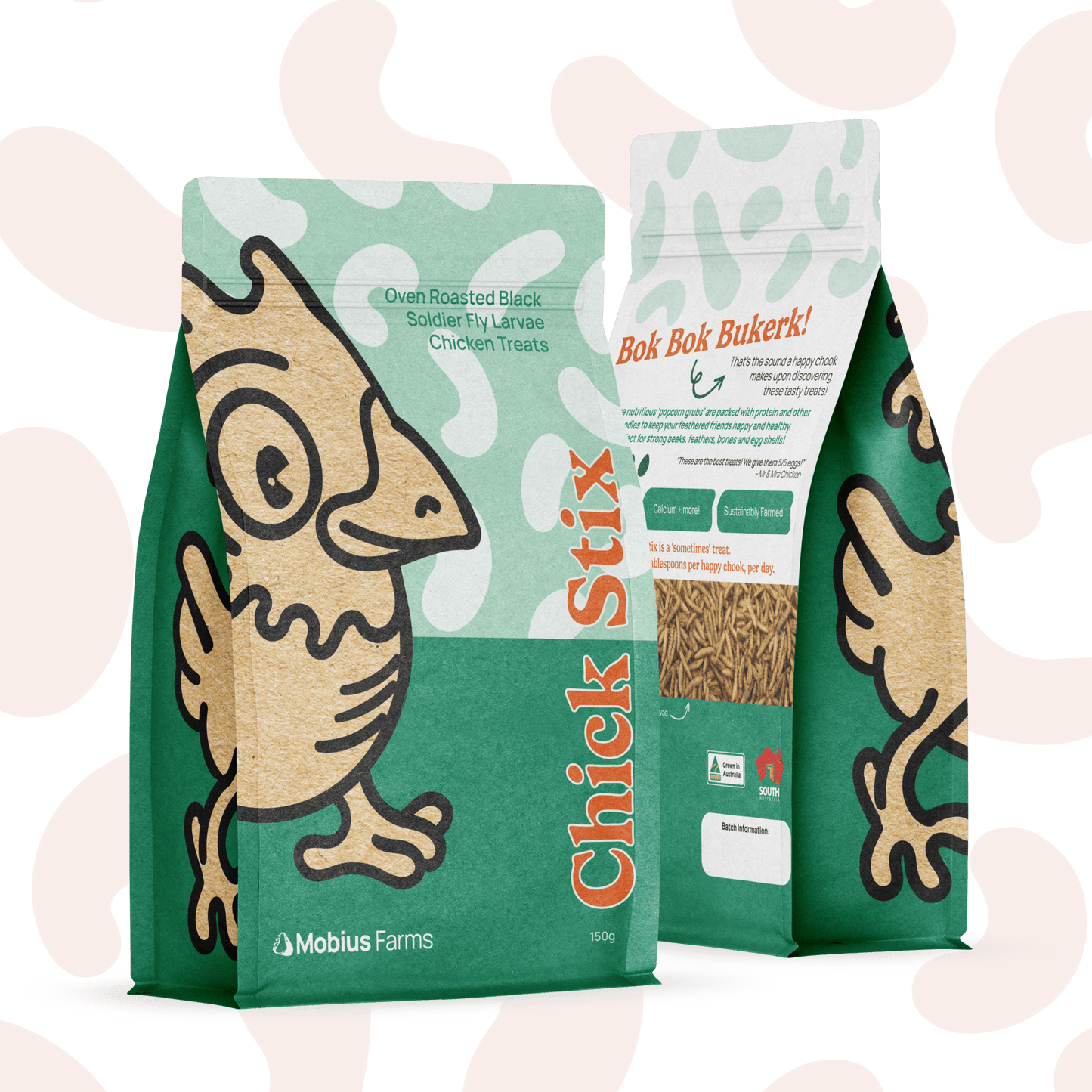 Front and rear view of Chick Stix chicken treats bag with a graphic of a chicken, one with the product visible and the other with a transparent background showing the product inside.