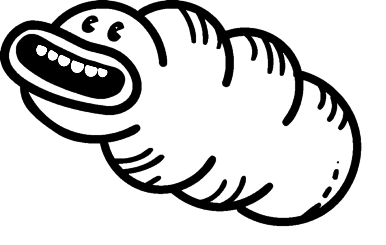 Black and white illustration of a larvae with a smiling face