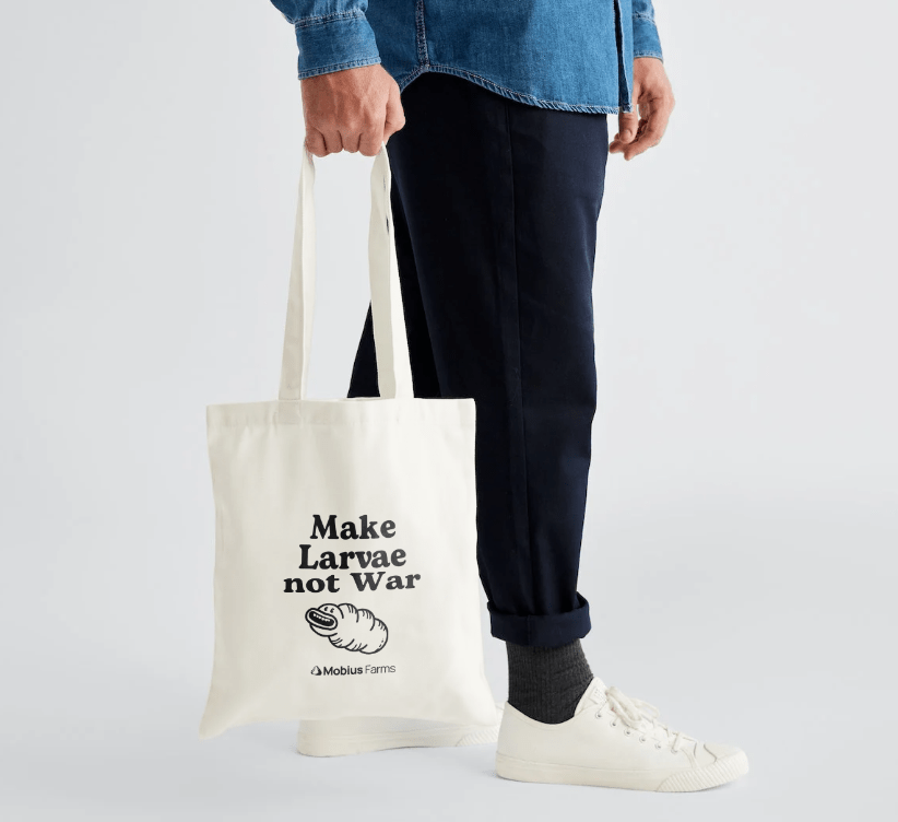 Person holding a tote bag with 'Make Larvae not War' text on a plain background